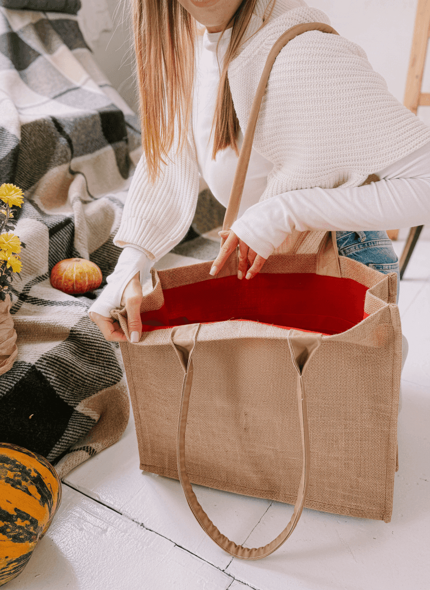 Шопер из джута и ламинированной мешковины с бежевыми канатными ручками — прочный эко-тоут для покупок и повседневного использования без печати размер: 40см х 35см х 10см