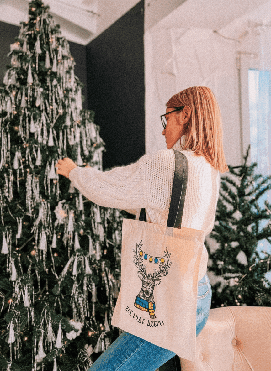 Black Deer Print Cotton Tote Bag