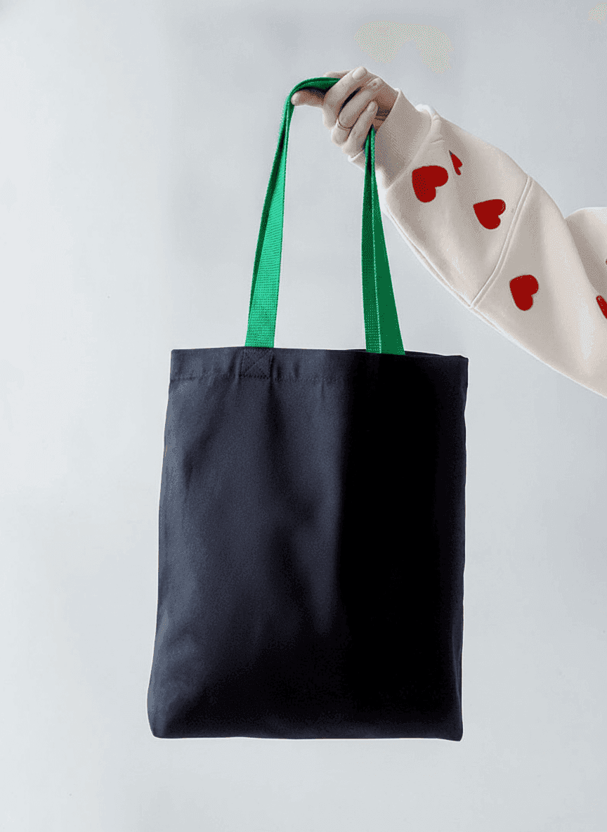 Black cotton twill tote with green handles
