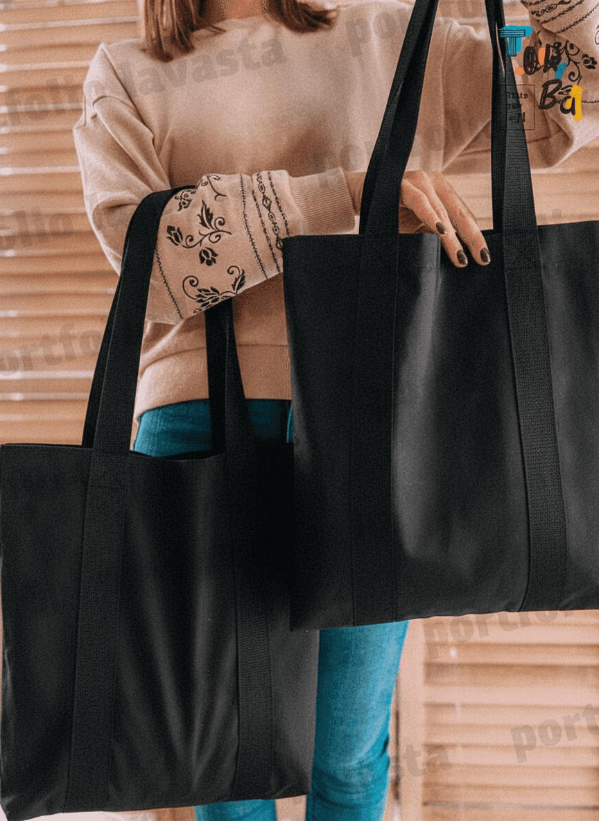Black Heavy Cotton Tote Bag with Sewn Handles