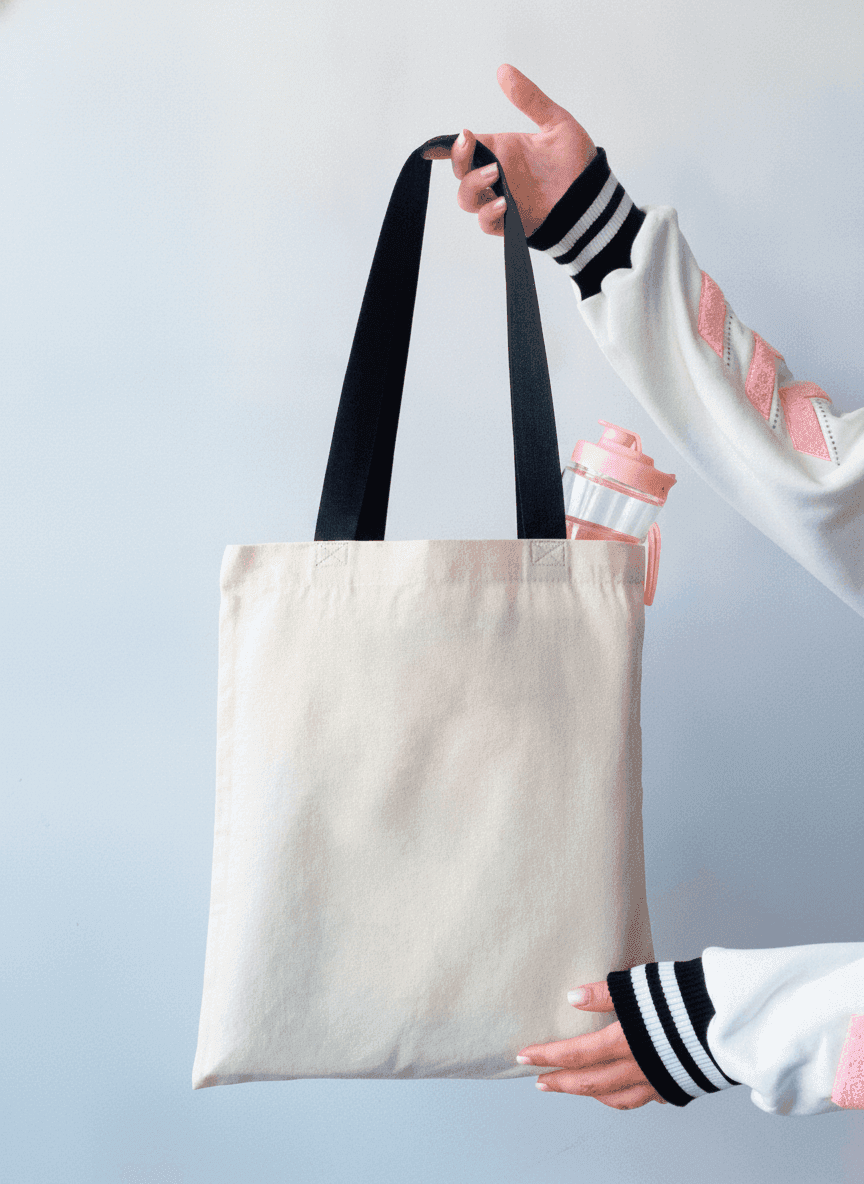 Double-knit tote bag with black handles