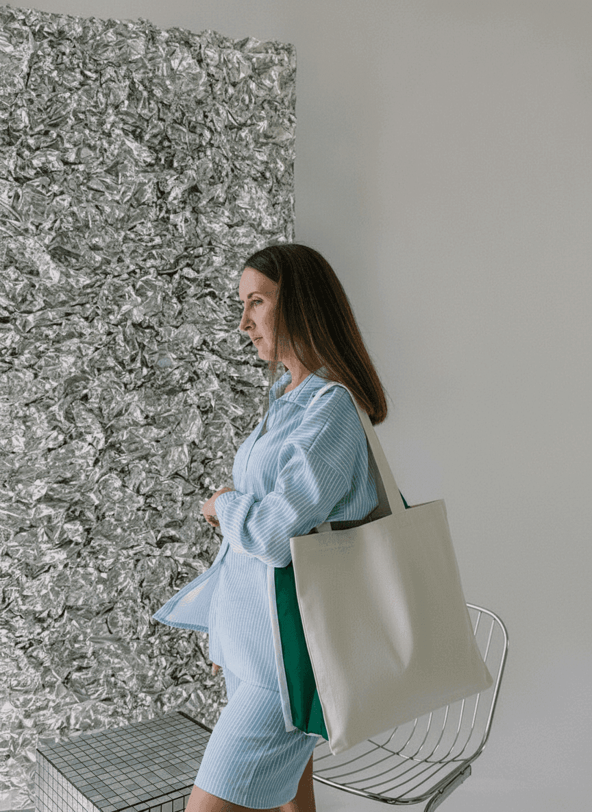 White Cotton Tote with Green Inner Pockets