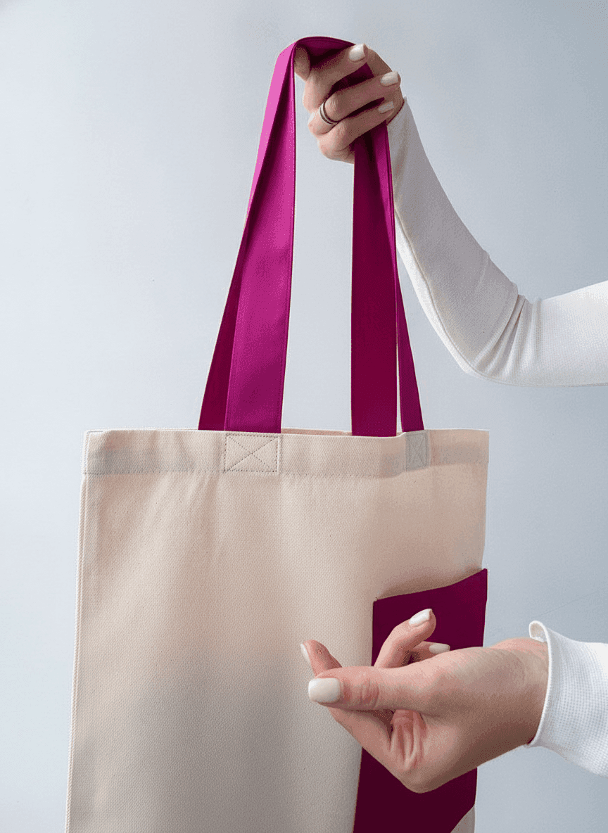 Beige Twill Tote Bag with Pink Handles