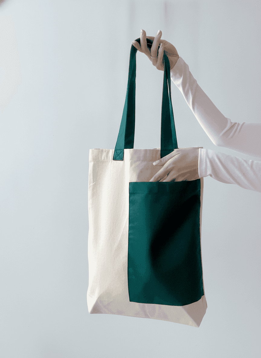 Natural Fabric Tote Bag with Green Pocket & Ribbon