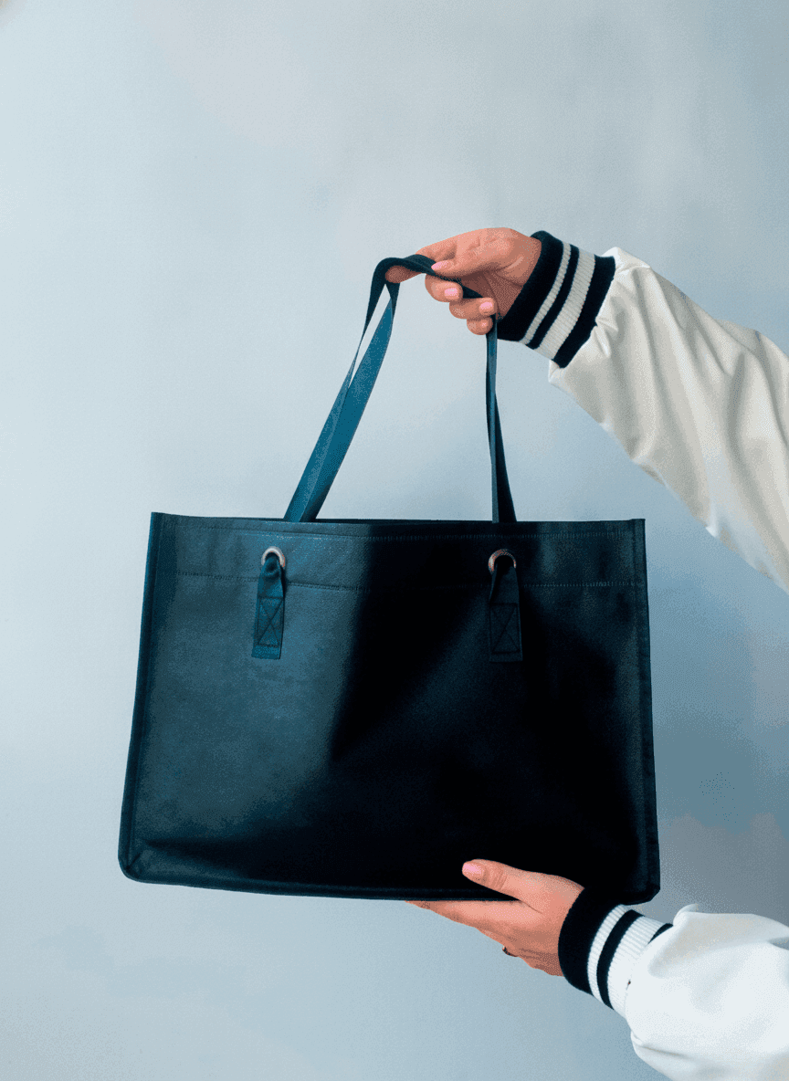 Black Roomy Spunbond Tote Bag with Grosgrain Handles