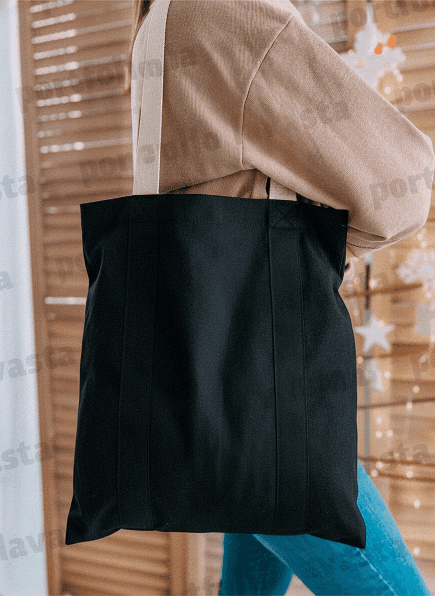 Black Heavy Cotton Tote Bag with Sewn Handles