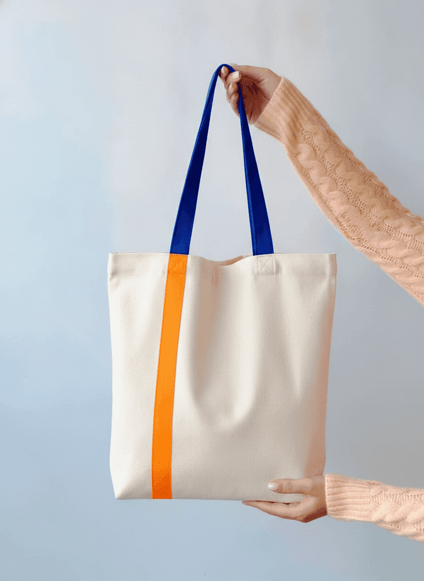 Cotton Tote Bag with Blue Handle & Orange Pocket