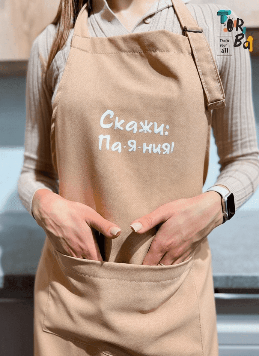 Beige Gabardine Apron with Bread Print