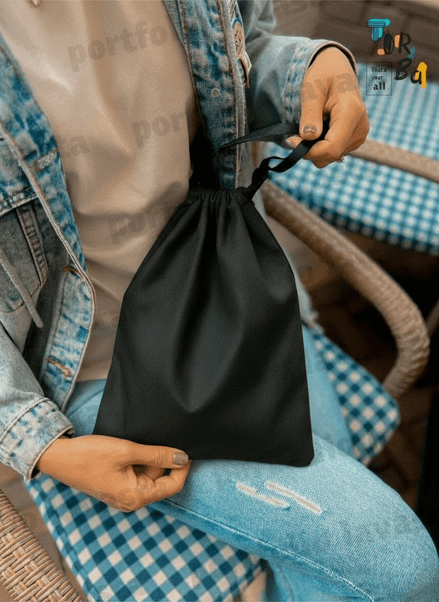 Black Thin Cotton Double Drawstring Pouch