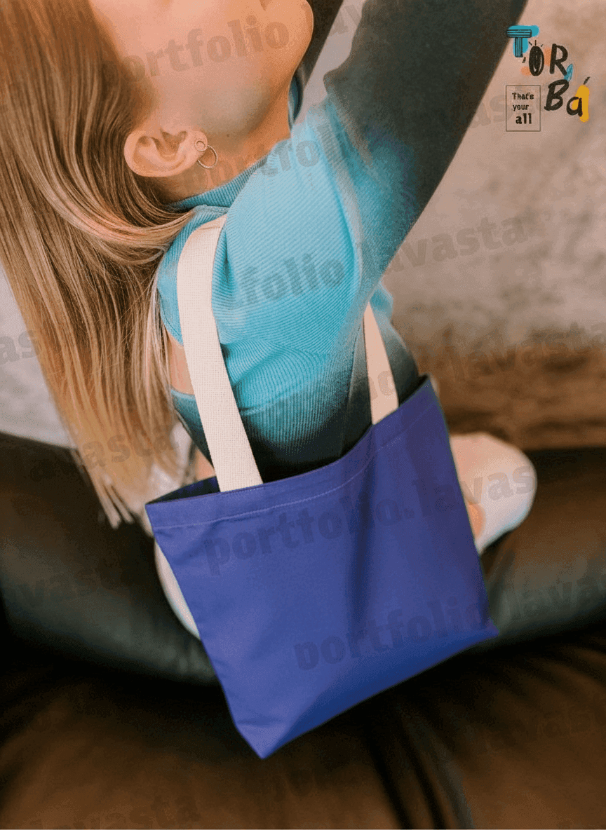 Blue Twill Tote with Beige Handles