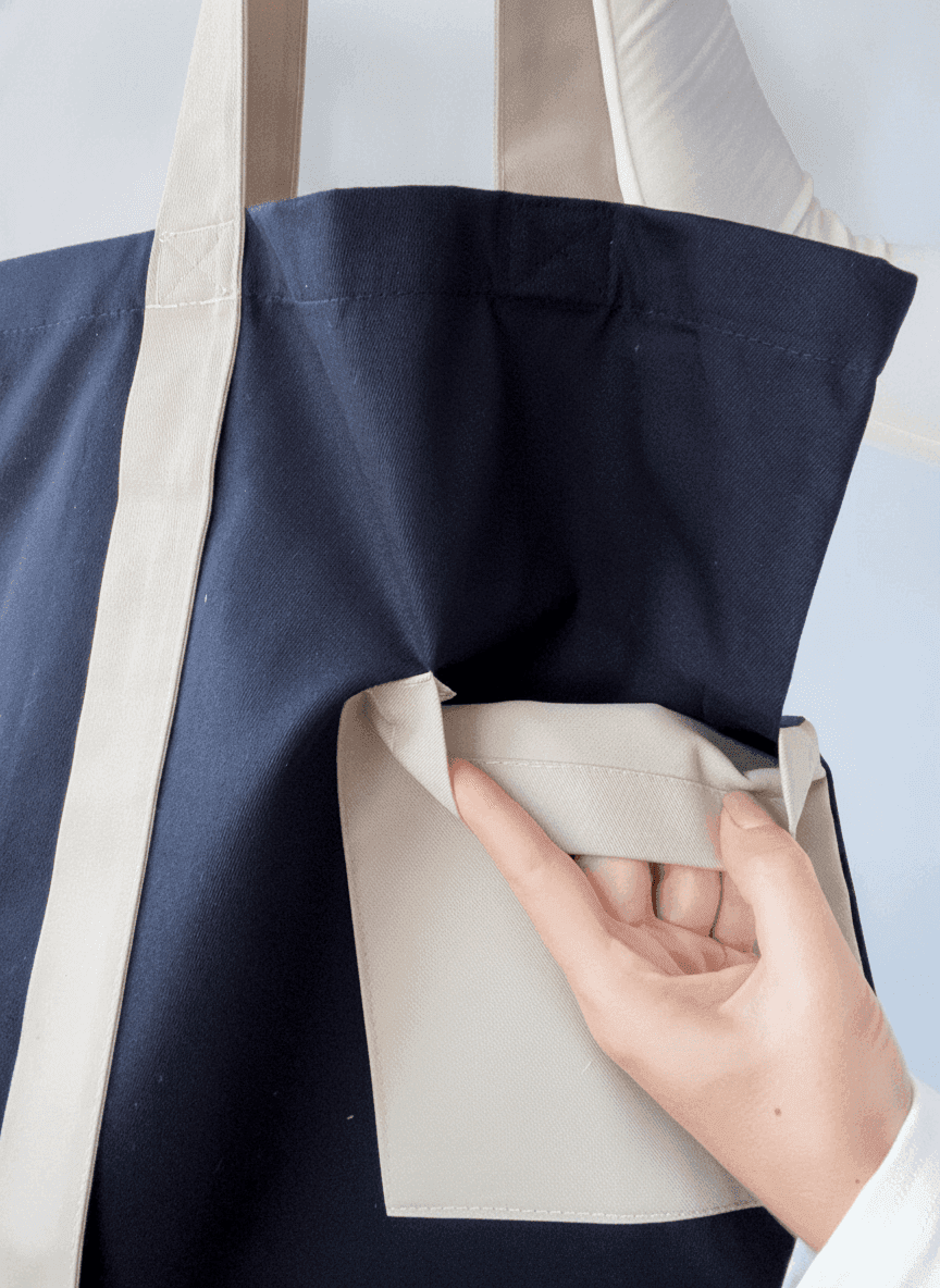 Black Twill Tote Bag with Beige Handles