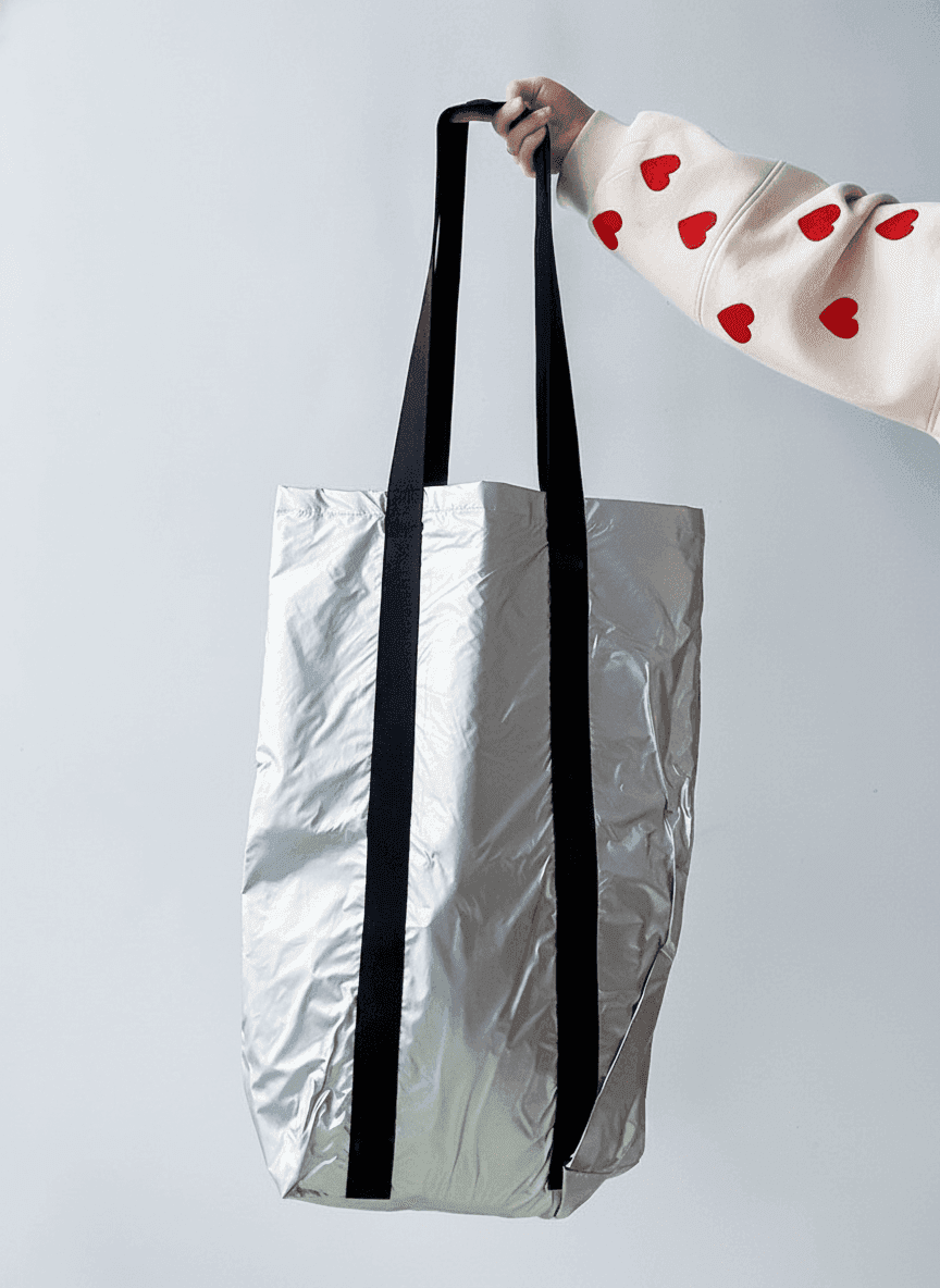 Large Silver Waterproof Tote Bag with Long Handles