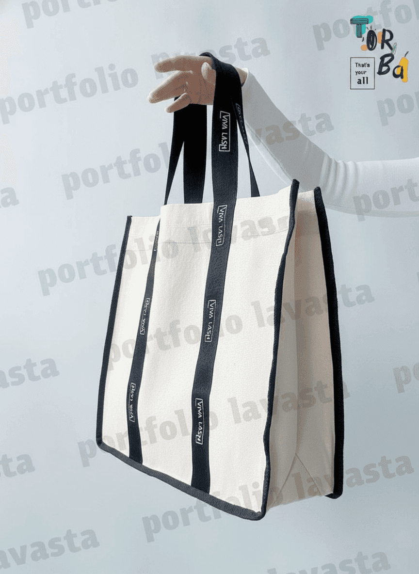 Square Fabric Tote Bag with Black Straps