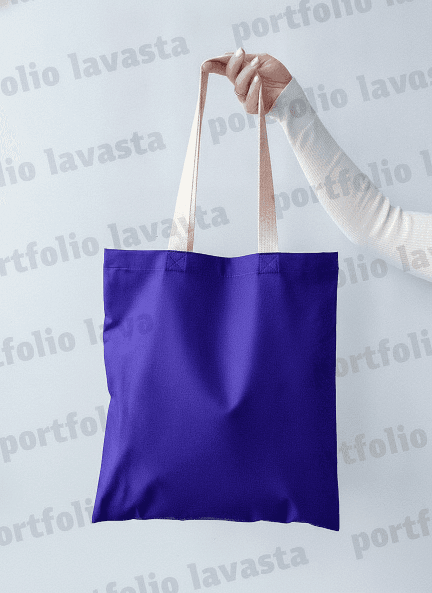 Blue Twill Tote with Beige Handles