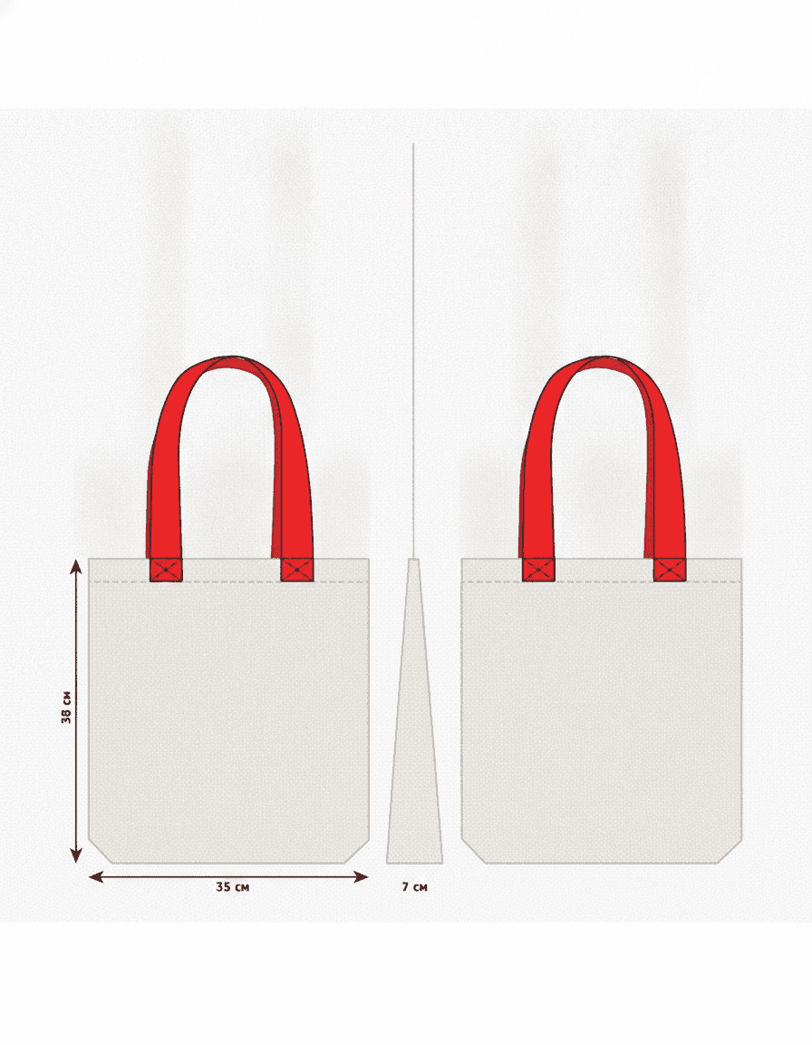 Light Beige Twill Tote Bag with Red Handles & Pocket