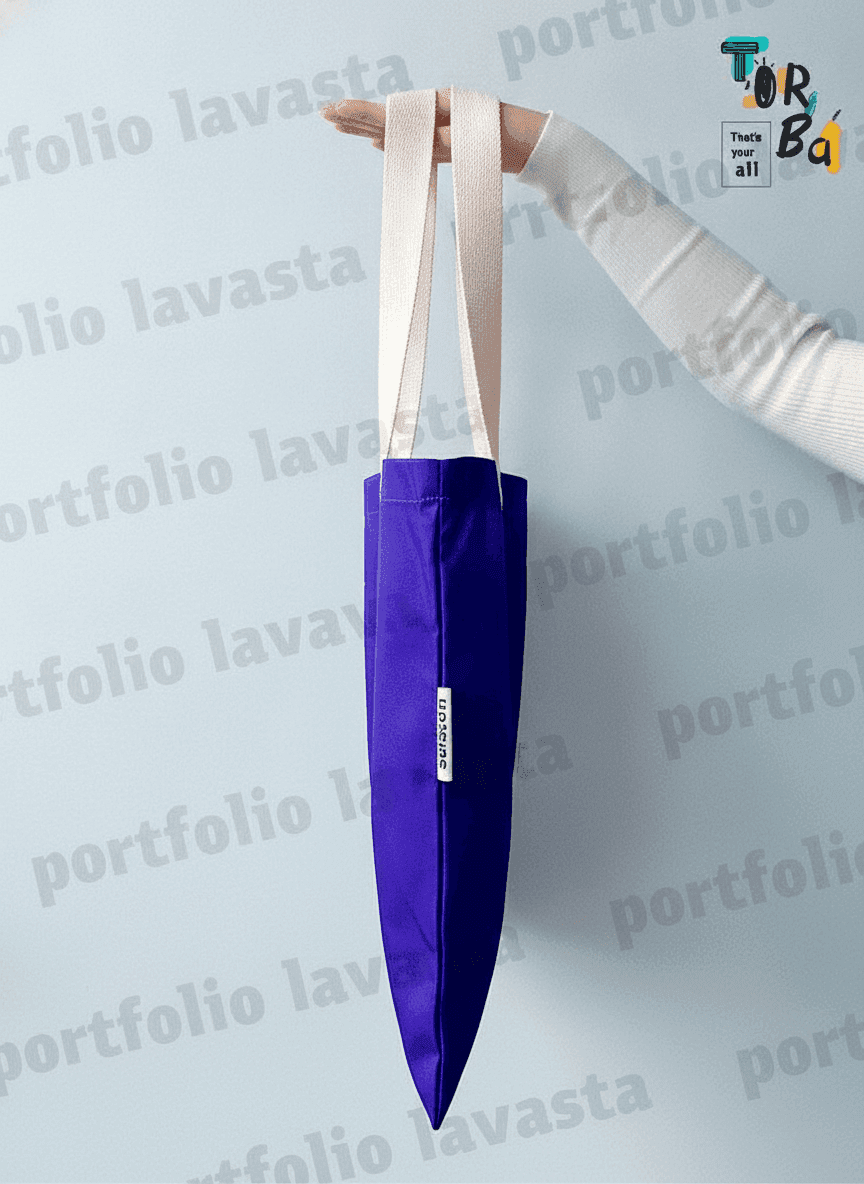 Blue Twill Tote with Beige Handles