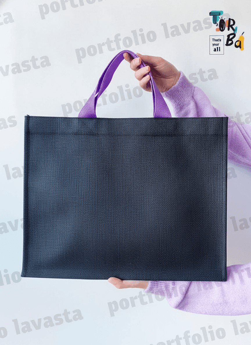 Black Laminated Jute Tote Bag with Ribbon & D-Ring
