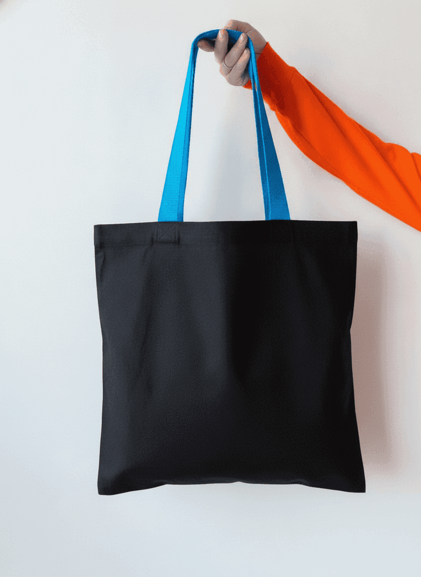 Black heavyweight cotton tote bag with blue handles