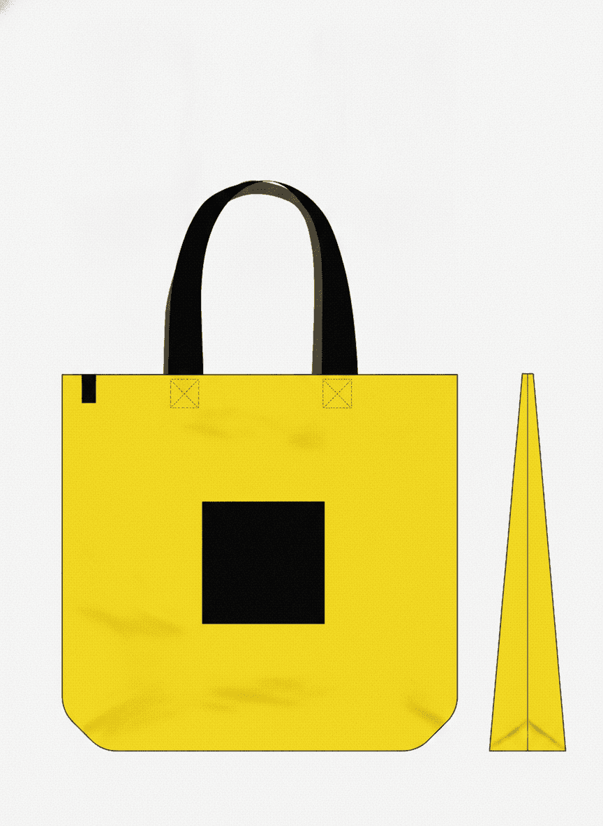 Yellow tote bag with black handles & exterior pocket