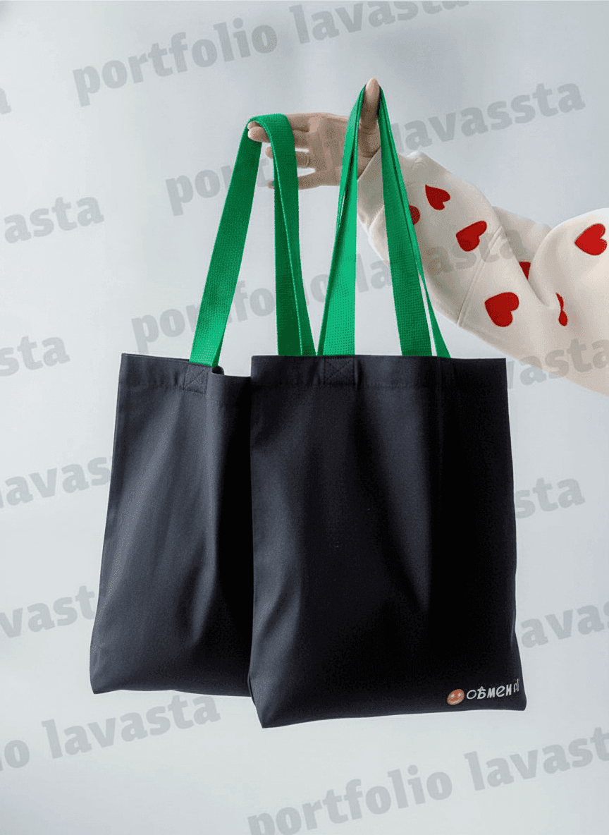Black cotton twill tote with green handles