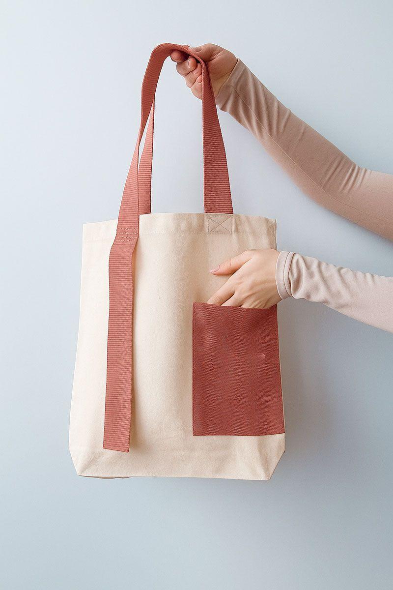Екошопер з двонитки з теракотовими ручками-стрічками та кишенею — сумка з подовженою стрічкою, міцна бавовняна торба для покупок і щоденного використання без друку, розмір: 38см х 42смх 7см