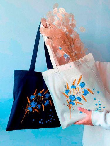 Шопер из бязи "Букет васильков и колосков" с печатью Черный/Светлый беж суровый  Размер: 35см х 38см