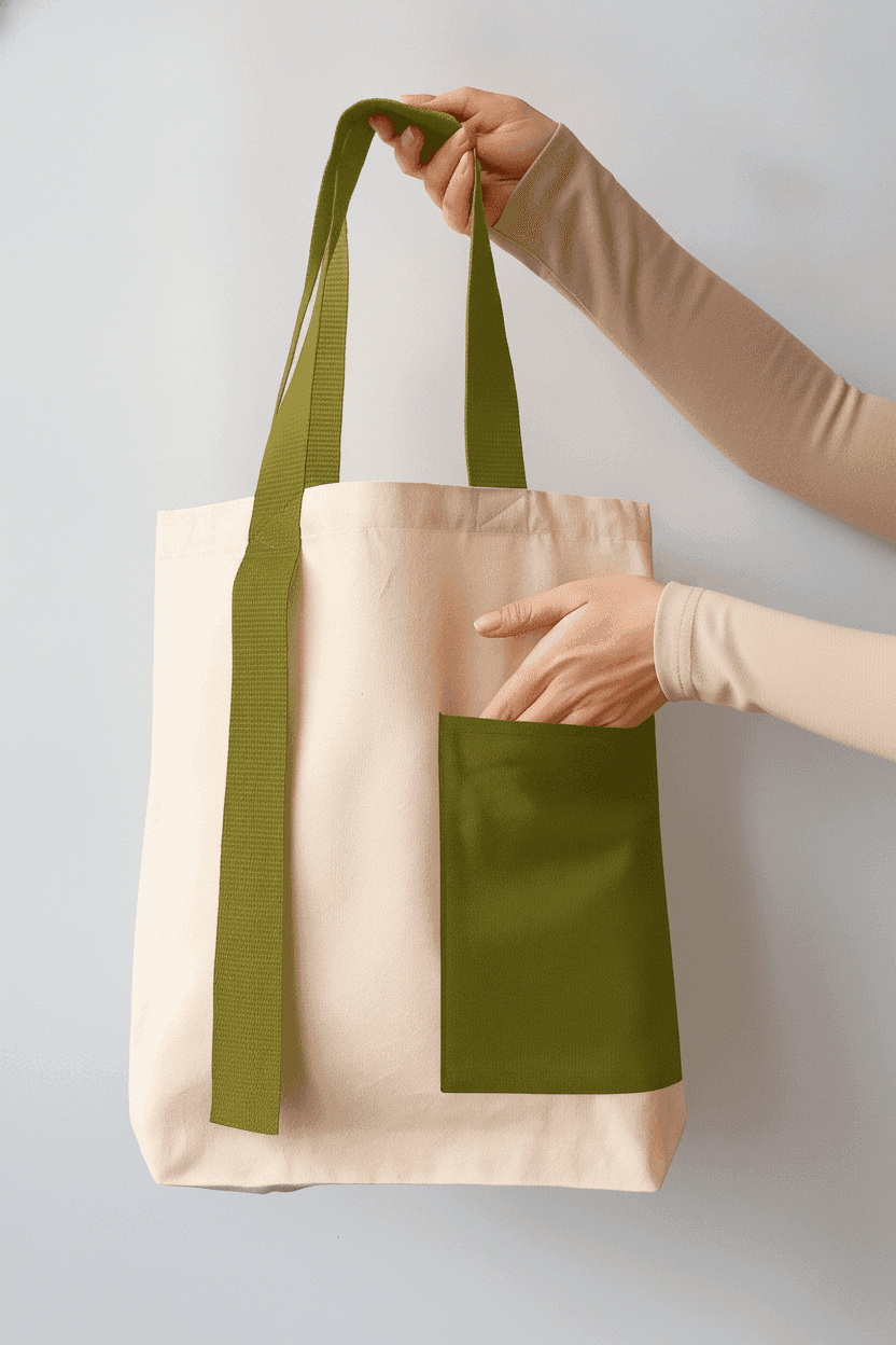 Two-Ply Cotton Tote Bag with Olive Handles & Pocket