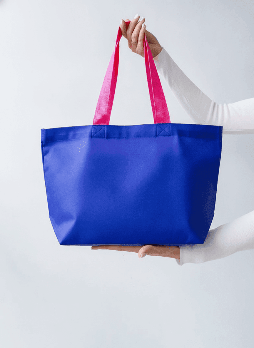 Blue Oxford Tote Bag with Pink Handle