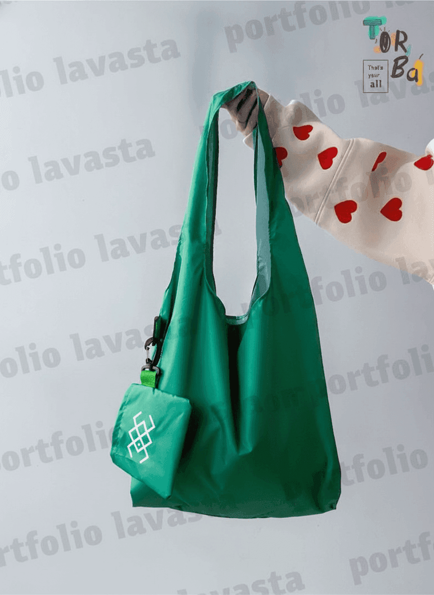 Compact Foldable Green Tote Bag with Pouch