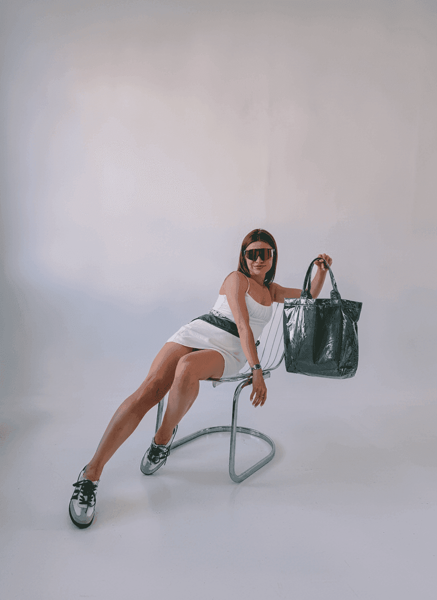 Foil fabric shopper with grey handles for shopping