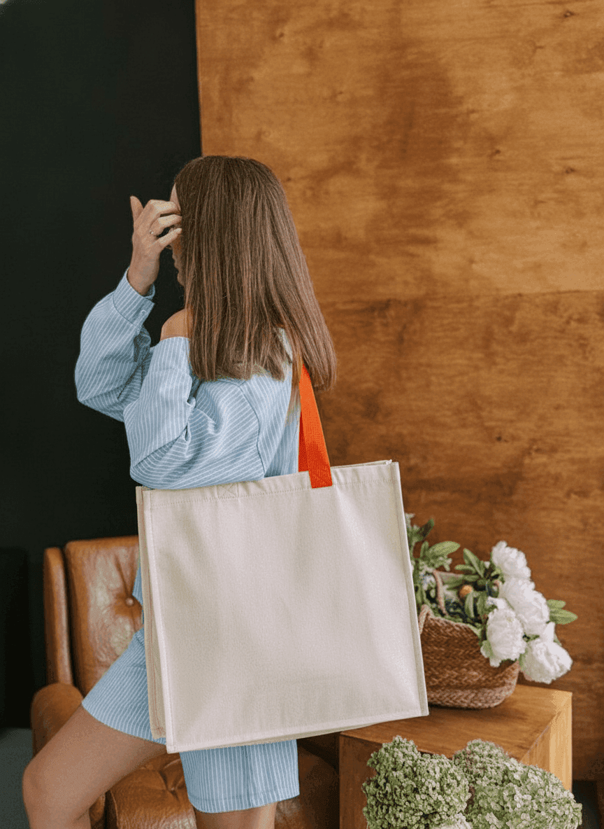 Twill Tote with Orange Handles & Metal Ring