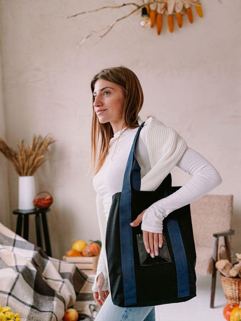 Шопер из саржи (плотный хлопок) с двойным дном и синими лентовыми ручками — вертикальный городской эко-шопер для покупок, промо и ежедневного использования без печати размер: 35см х 38см х 7см