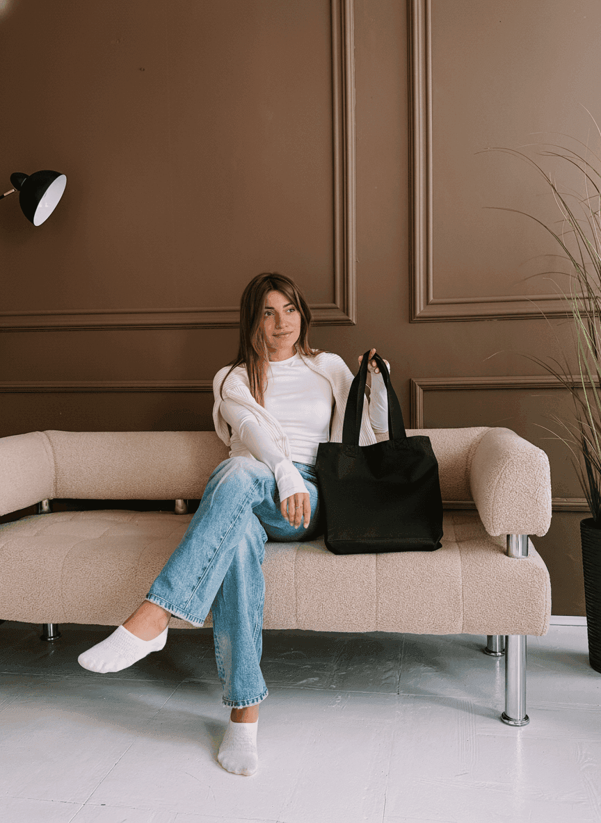 Високий шопер із бавовняної саржі з довгими ручками на плече