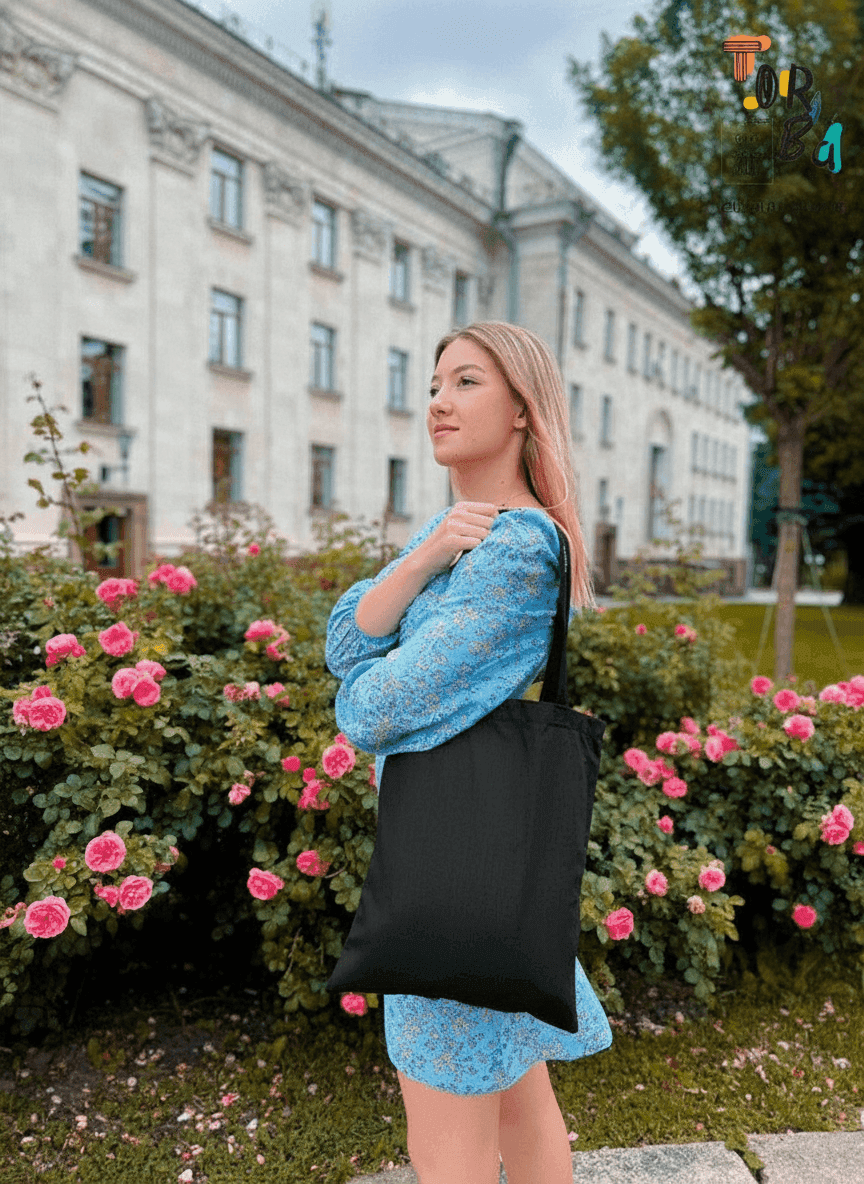 Black Printed Cotton Calico Tote Bag
