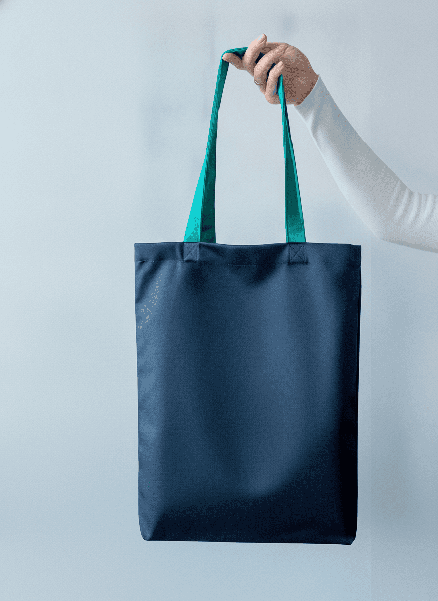 Gray tote bag with turquoise handles