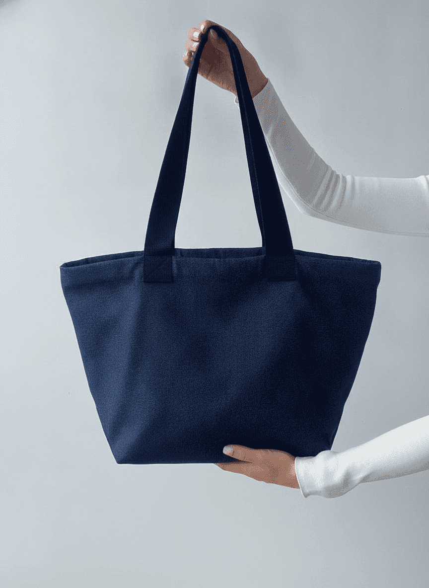 Navy Denim Tote Bag with Patches and Pockets