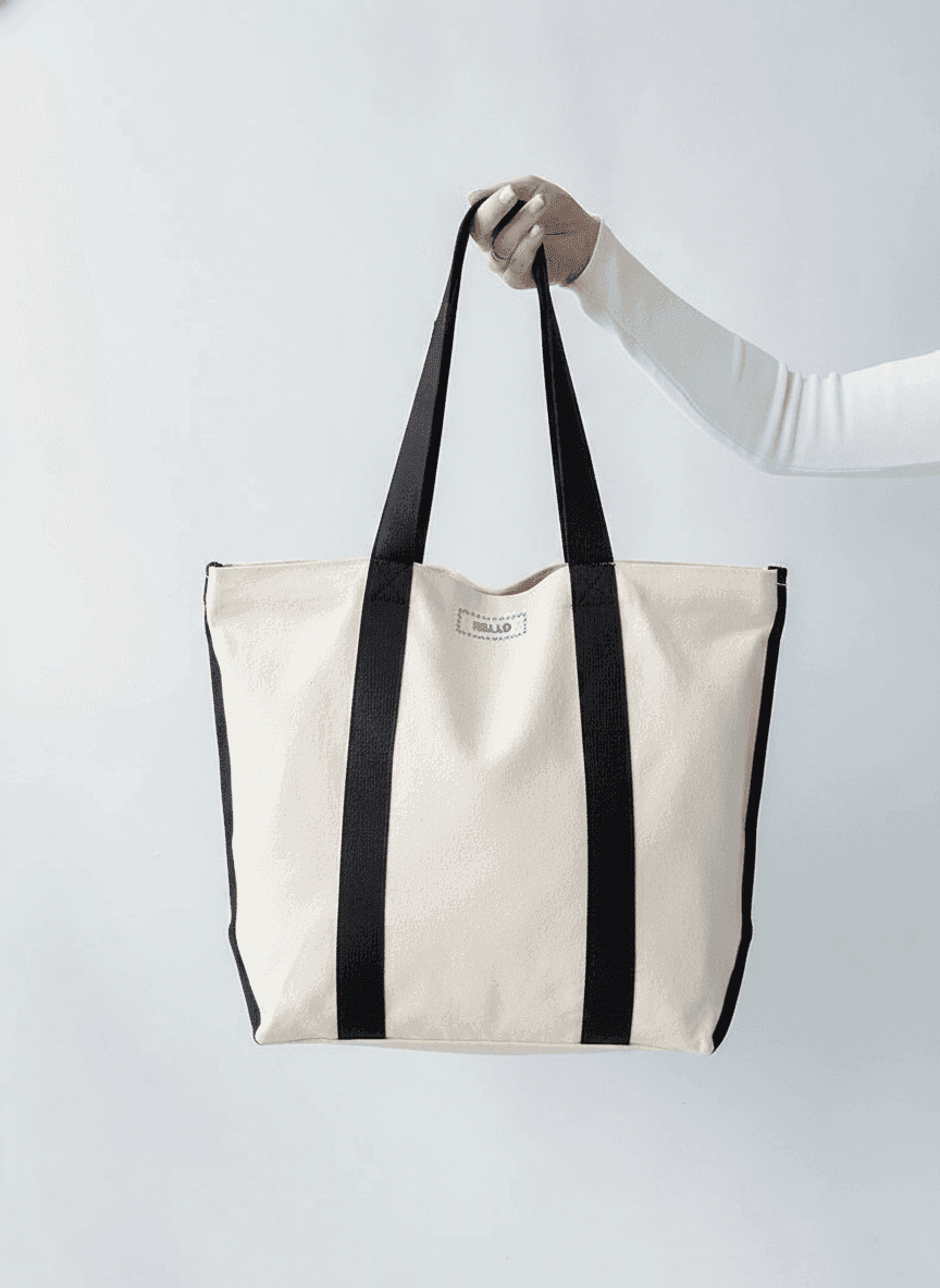 Square Fabric Tote Bag with Black Straps
