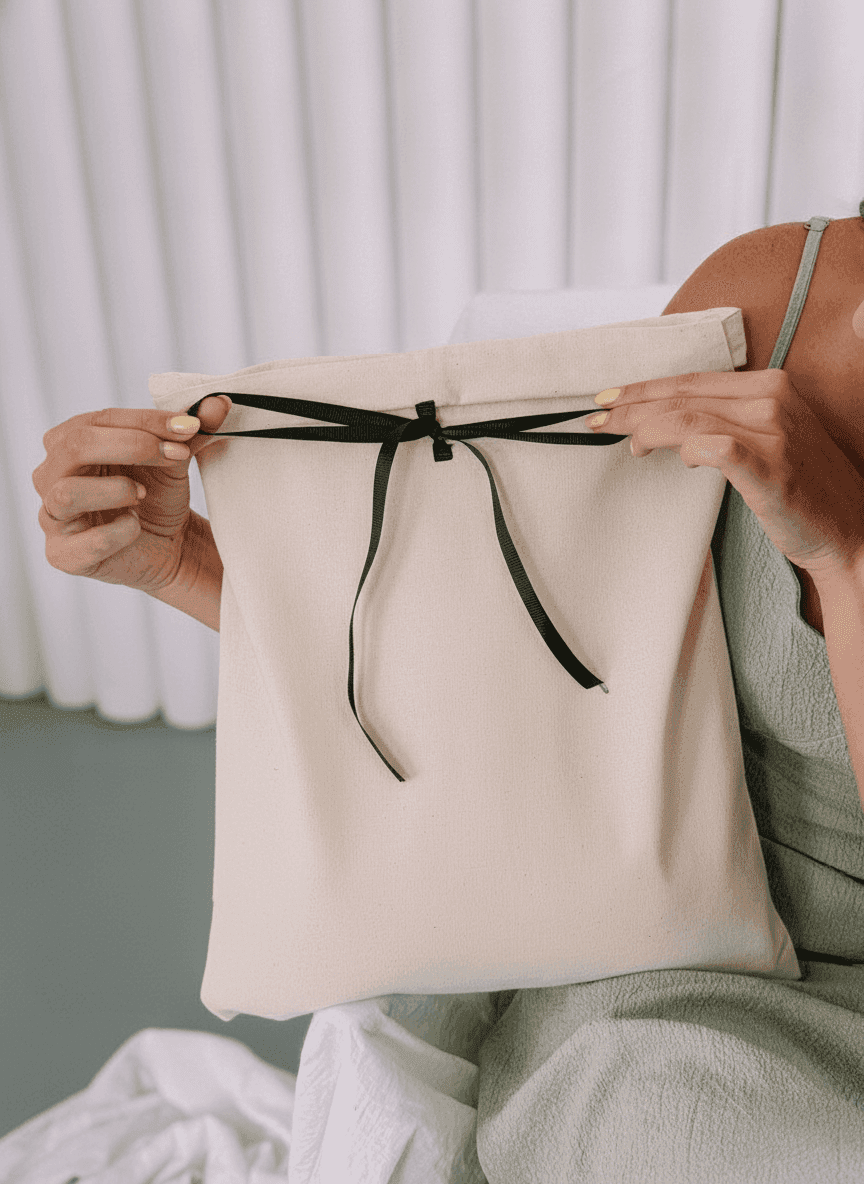 Beige Muslin Drawstring Bag with Black Ribbon