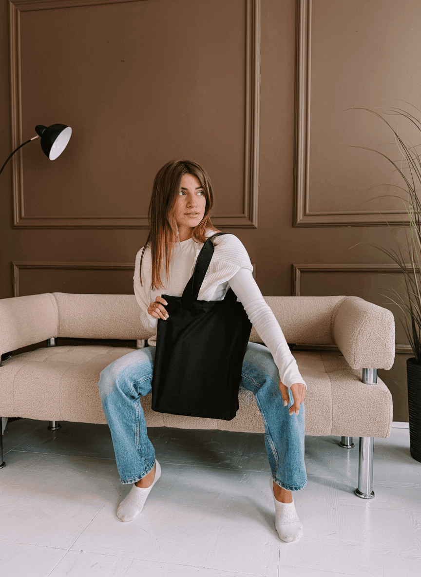 Високий шопер із бавовняної саржі з довгими ручками на плече