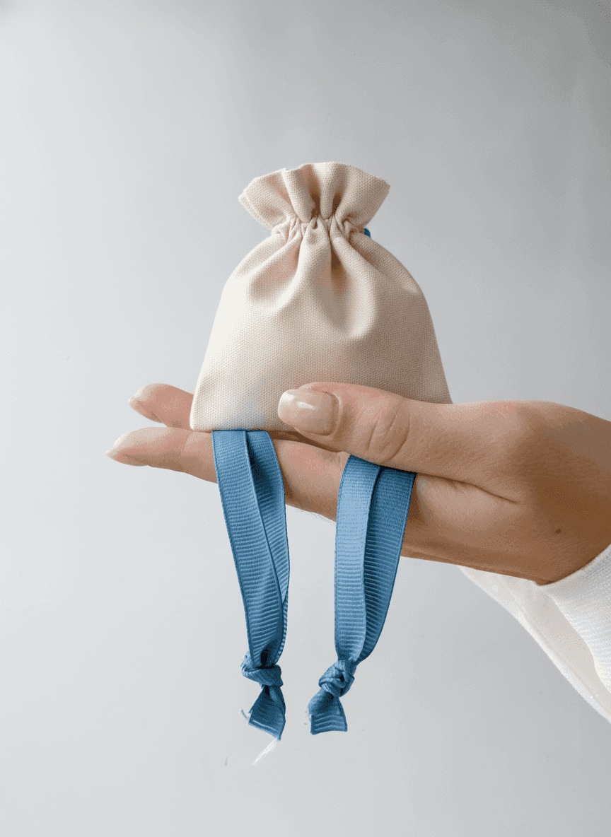 Double-Knit Drawstring Pouch with Blue Grosgrain Ribbon