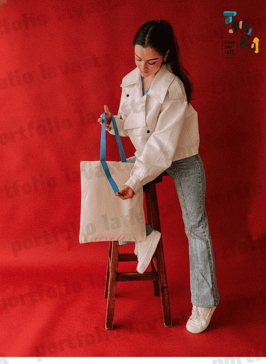 Long Cotton Tote Bag with Blue Handles