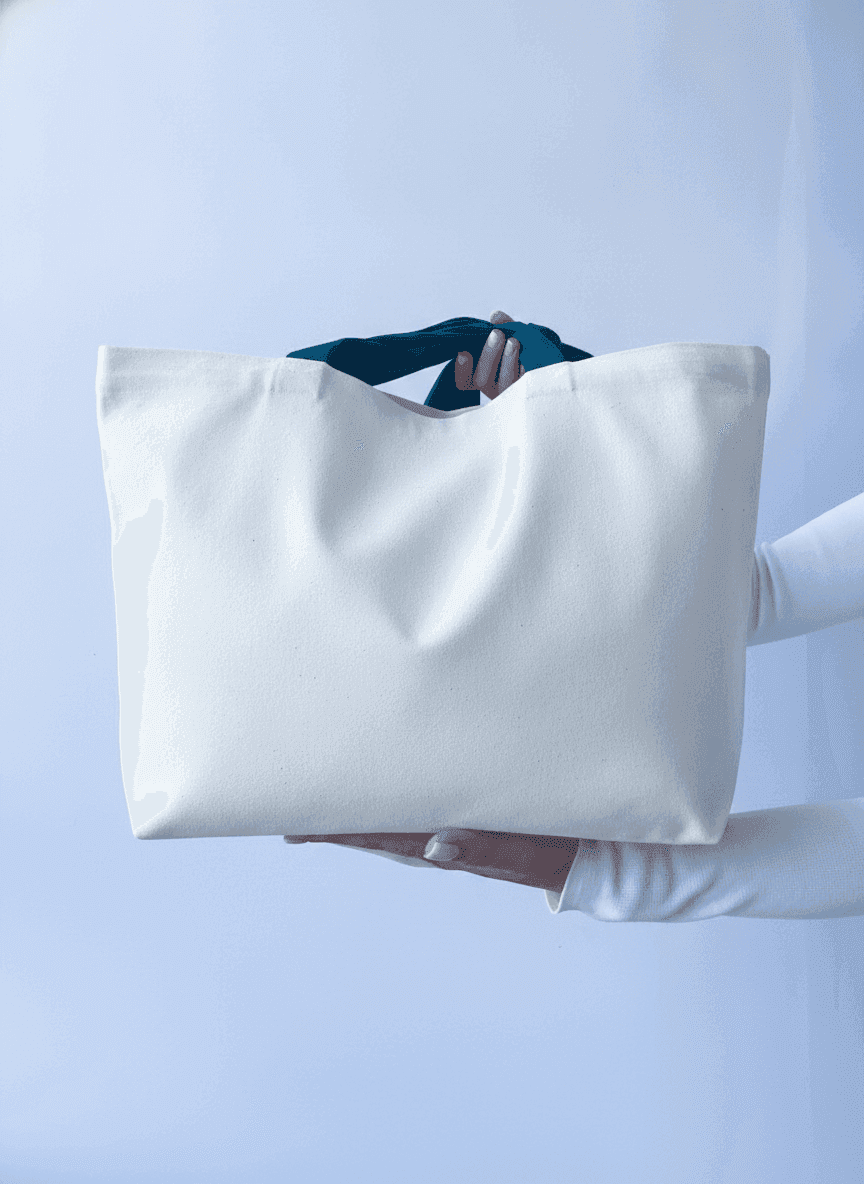 Beige Cotton Tote Bag with Turquoise Handles