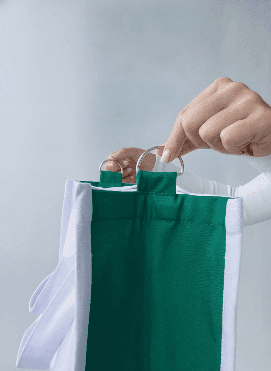 White Cotton Tote with Green Inner Pockets