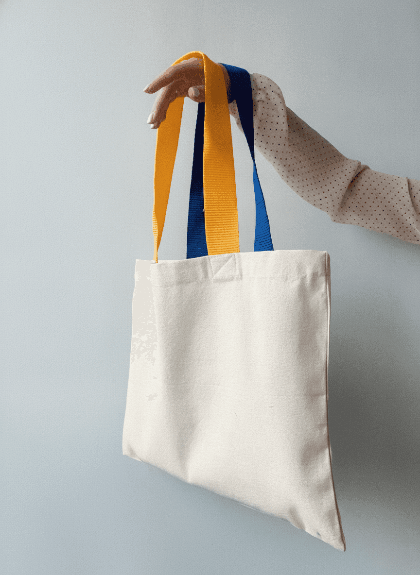Cotton tote bag with multicolored handles