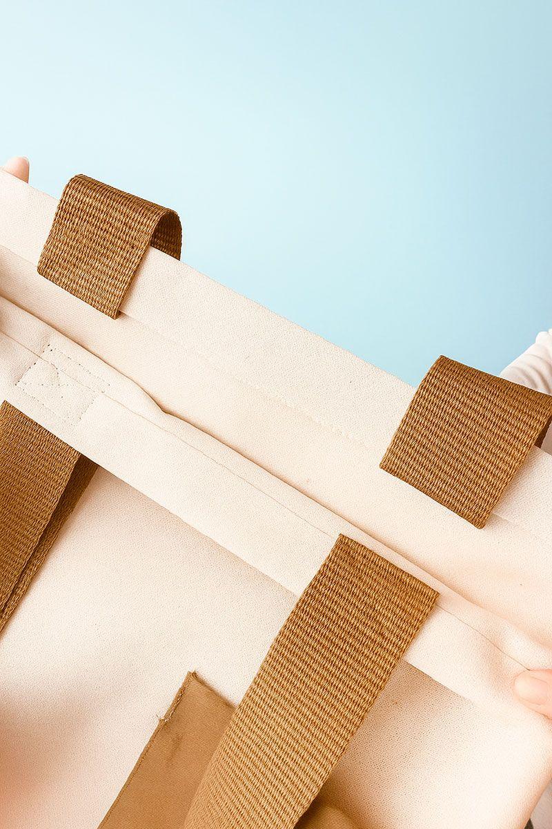 Экошоппер из двунитки с коричневым карманом и ручками-лентами — сумка с удлинённой лентой, прочная хлопковая шоппер-сумка для покупок и повседневного использования без печати Размер: 38см х 42смх 7см