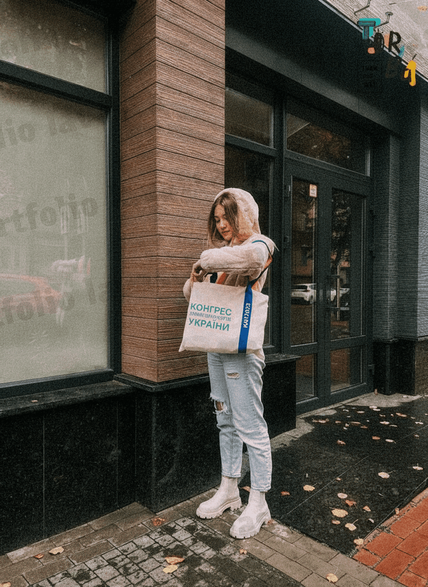 Cotton tote bag with multicolored handles