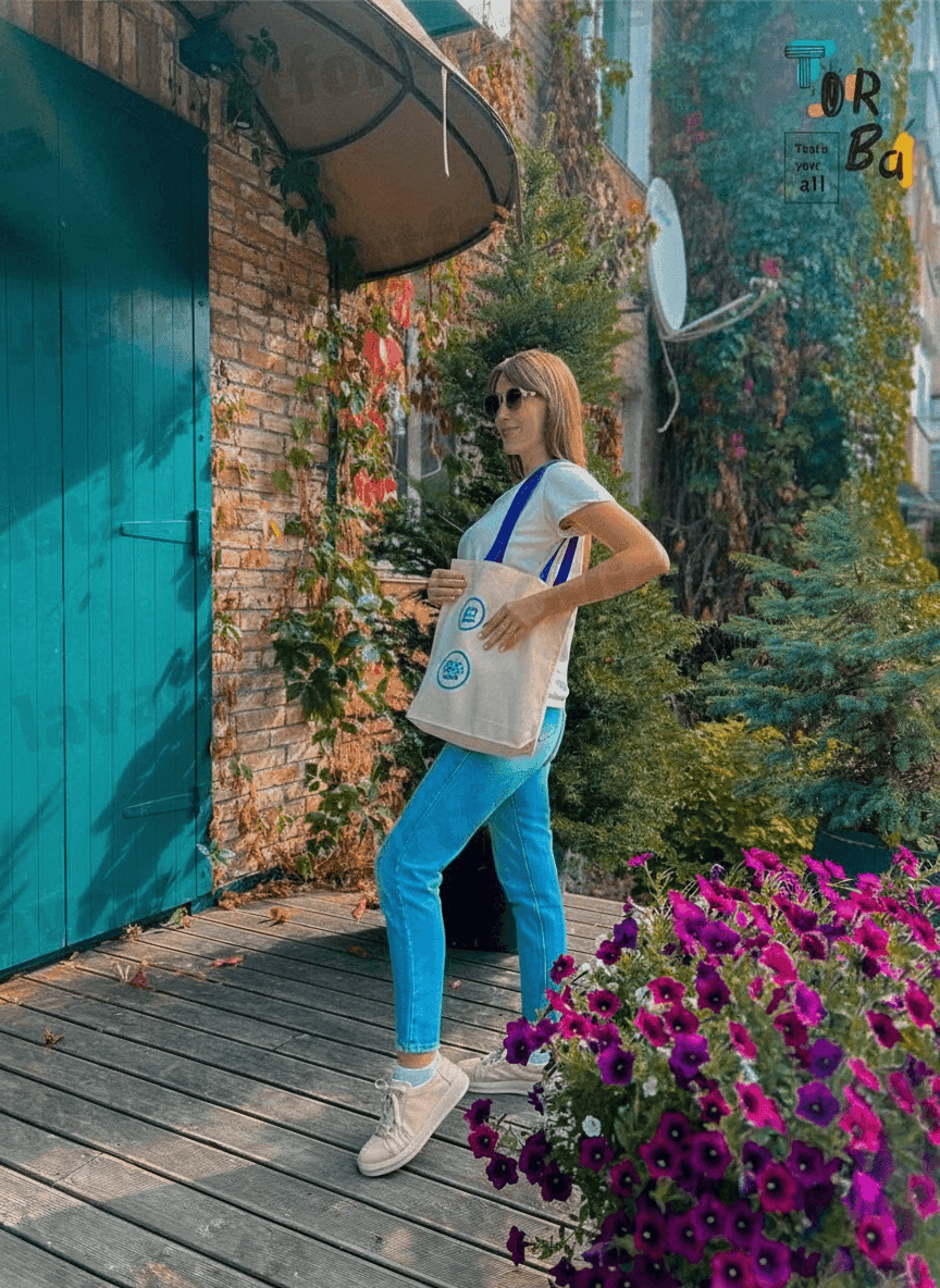 Cotton Tote Bag with Blue Handle & Orange Pocket
