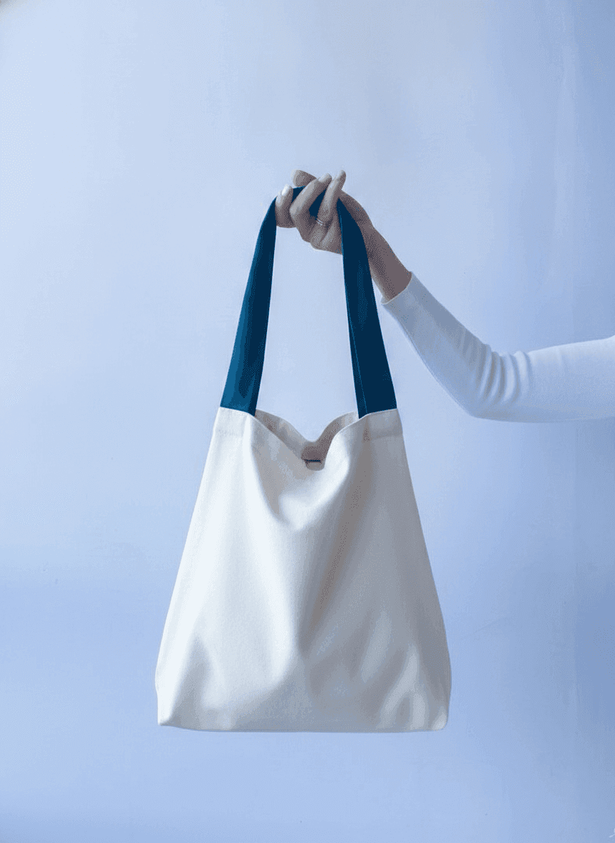 Beige Cotton Tote Bag with Turquoise Handles