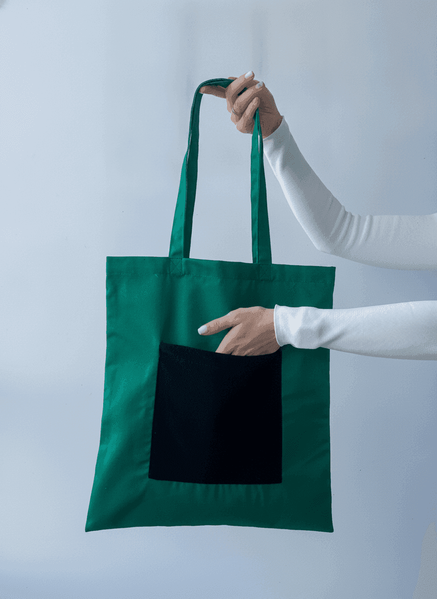 Green Cotton Tote Bag with Velcro Pocket