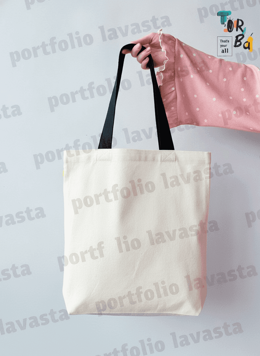 Light Beige Eco Tote Bag with Black Handles & Pocket